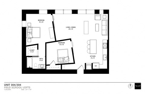 Floor plan for 2 beds, 1 bath, 1118 sqft